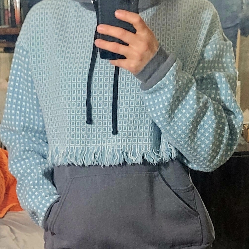 Upcycle Boho Fringe Waffle-Knit Hoodie Patch Work Medium Unique Tik Tok Trend